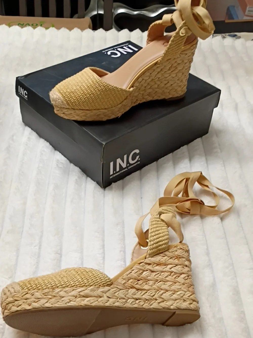 INC International Concepts Tan Woven Espadrille Wedge Sandals with Ankle Ribbon